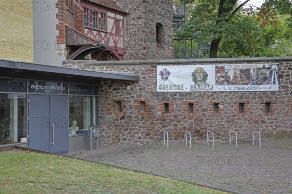 Entrance to the Otto von Guericke Museum, inscription, centre, Lukasklause, Magdeburg, Saxony-Anhalt, Germany