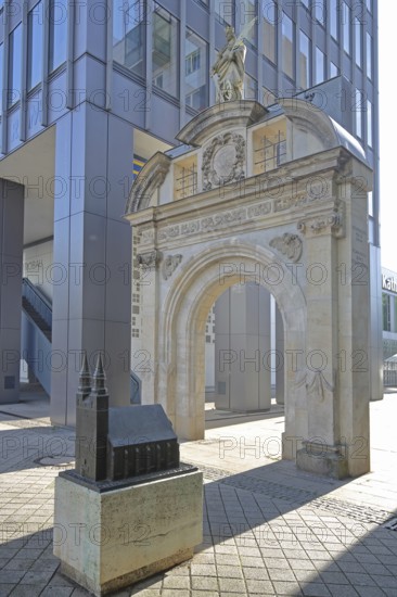 St Catherine's portal built in 1668 with patron saint Catherine of Alexandria and model monument to former St Catherine's Church, miniature, Alexandria, historic archway with sculpture, portal, monument, Magdeburg, Saxony-Anhalt, Germany