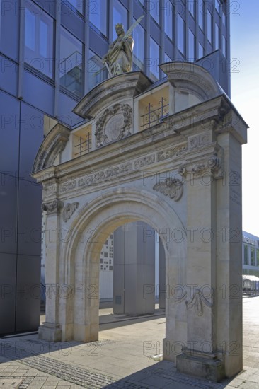 St Catherine's Portal built in 1668 with patron saint Catherine of Alexandria, Alexandria, historic archway with sculpture, portal, monument, Magdeburg, Saxony-Anhalt, Germany