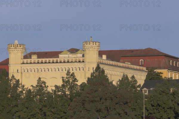 Administration building of the Oberpräsidialgebäude am Wasserstraßen- und Schifffahrtsamt built in 1842, towers and battlements, Federal Office, Magdeburg, Saxony-Anhalt, Germany