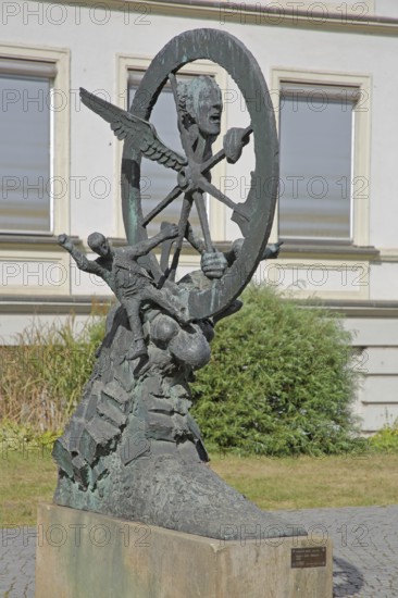 Sculpture Space Time Matter by Heinrich Apel 1988, abstract art, modern art, whimsical and bizarre bronze sculptures, physical, wheel, movement, wing, head, sculpture park, Magdeburg, Saxony-Anhalt, Germany