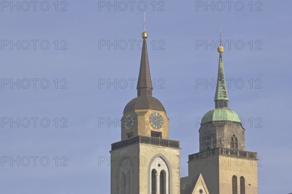 Twin towers of the late Romanesque St John's Church, spires, detail, Magdeburg, Saxony-Anhalt, Germany