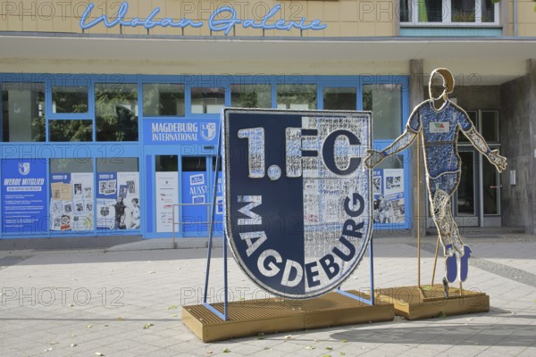 1st FC Magdeburg, emblem of the football club, figure, football player, football, art gallery, Wobau-Galerie, Magdeburg, Saxony-Anhalt, Germany