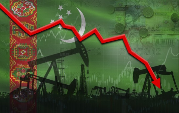 Petrol crisis with Turkmenistan flag on financial graph. Fall oil price with flag of Turkmenistan on economic chart