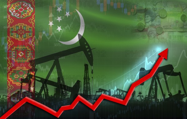 Oil production with Turkmenistan flag, petrol industry. Oil pumps with Turkmen flag