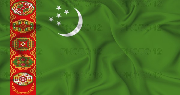 Realistic Turkmenistan flag waving. Close up of flag of Turkmenistan with cloth texture