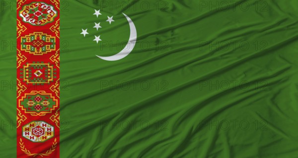 Turkmen flag waving. Flag of Turkmenistan with cloth texture