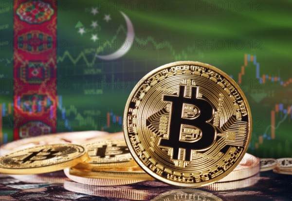 Bitcoin with Turkmenistan flag in the background. Investors in cryptocurrency and Blockchain Technology in Turkmenistan, Concept