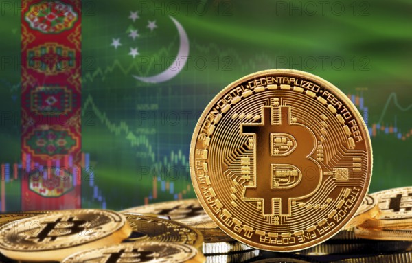 Investors in cryptocurrency and Blockchain Technology in Turkmenistan, Concept. Bitcoin with Turkmenistan flag in the background