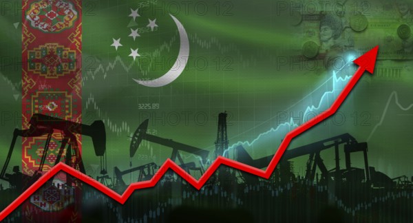 Oil pumps with Turkmenistan flag. Oil production with Turkmen flag, petrol industry