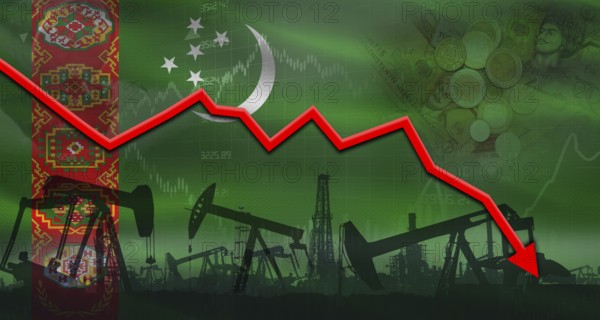 Fall oil price with flag of Turkmenistan on economic chart, Petrol crisis with Turkmenistan flag on financial graph