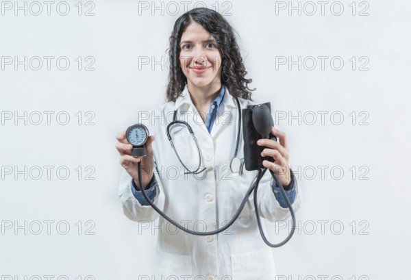 Smiling female doctor holding blood pressure monitor isolated. Female doctor showing tensiometer on isolated background