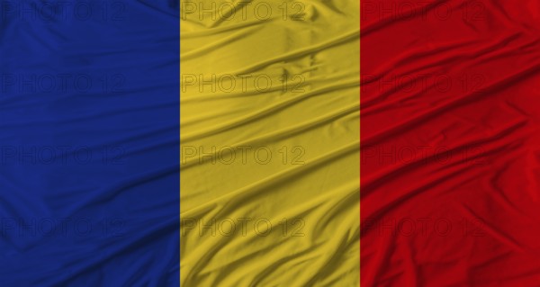 Romanian flag waving. Flag of Romania with cloth texture