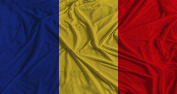 Romania flag with fabric texture background. National flag of Romania with cloth texture