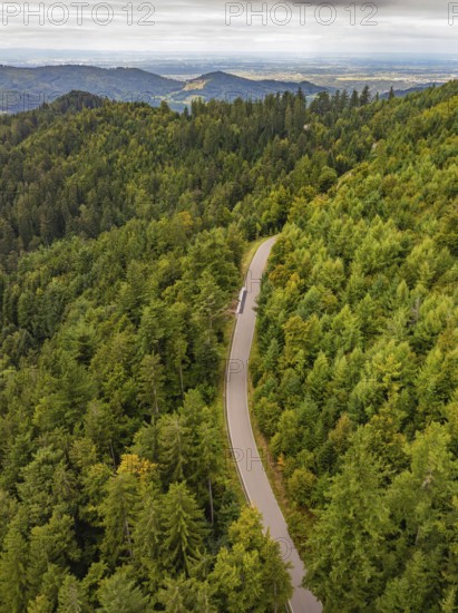 Winding road through lush wooded hills with views of the distance, Black Forest, Seebach, Germany
