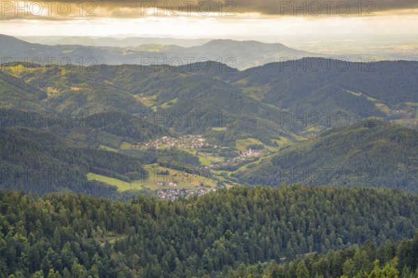 Overview of a village in a green hilly landscape at dusk, Black Forest, Seebach, Germany