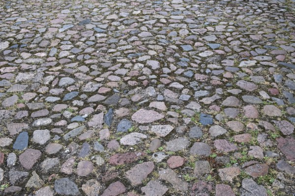 Cobblestone street of irregularly arranged grey stones, North Rhine-Westphalia, Germany