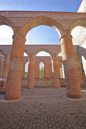Interior view of the St Bartholomäi church ruins, view upwards, open, archways, columns, pillars, brick church, Zerbst, Fläming, Saxony-Anhalt, Germany