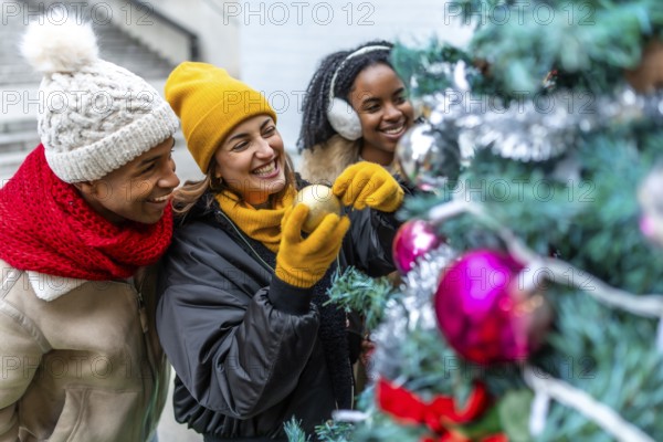 Group of cheerful multi ethnic friends decorating a christmas tree in the city, enjoying winter holidays together