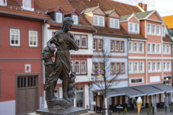 Bronze sculptures of Gotha's virtues on the balustrade of the horse trough on the main market square, Gotha, Thuringia, Germany