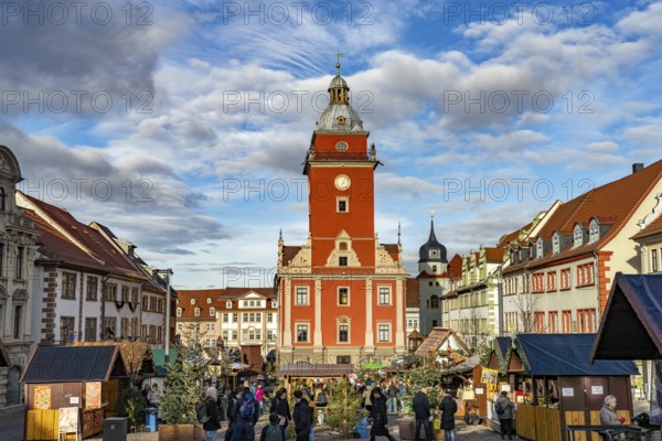 Christmas market on the main market square with the old town hall in Gotha, Thuringia, Germany