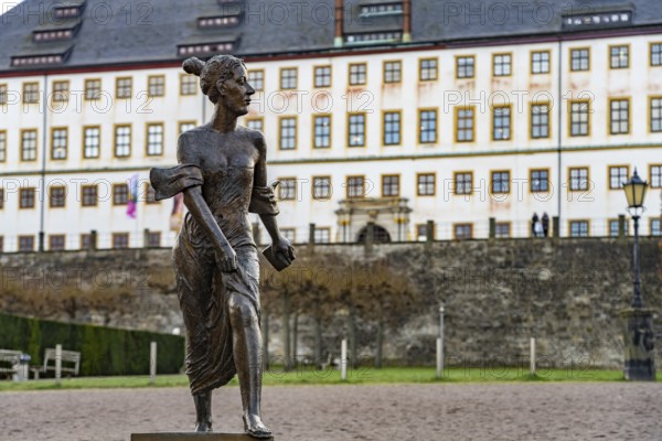 Bronze sculpture of Duchess Luise Dorothea of Saxe-Gotha-Altenburg in front of Friedenstein Castle in Gotha, Thuringia, Germany