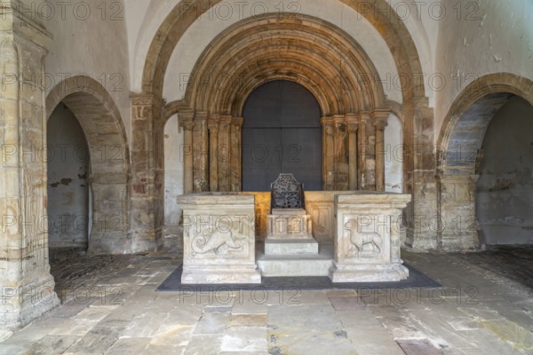 Replica of the Kaiserstuhl in the cathedral vestibule of the former collegiate church Goslar Cathedral in the Imperial Palace district in Goslar, Lower Saxony, Germany