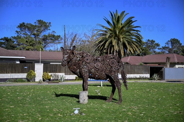 Oryx sculpture by the artist Shivute in the park on 8th Street, Oranjemund, Diamond Sperrgebiet, Karas Region, Namibia