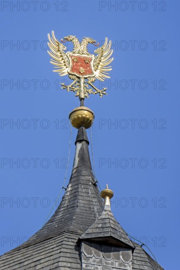 Arenberg Castle, 16th century Flemish Renaissance château showing Reichsadler, German Imperial Eagle on tower in Heverlee, Flemish Brabant, Belgium