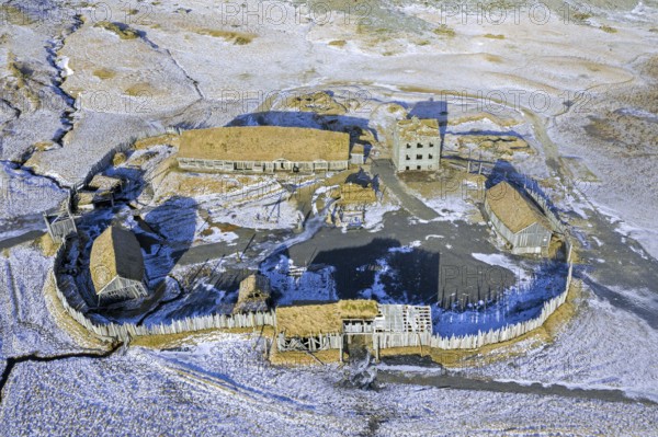 Aerial view over abandoned replica of Viking settlement, village used as film set in 2010 at Stokksnes in winter, Iceland