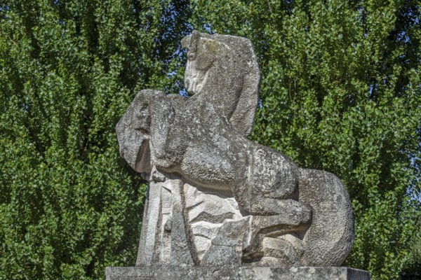 Statue of the Ros Beiaard by sculptor Marc De Bruyn, folkloristic horse in the city Dendermonde, East Flanders, Belgium