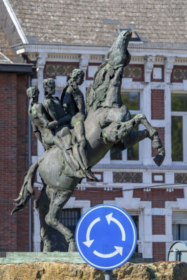 Bronze statue of the Ros Beiaard by sculptor Jan Desmarets, folkloristic horse in the city Dendermonde, East Flanders, Belgium