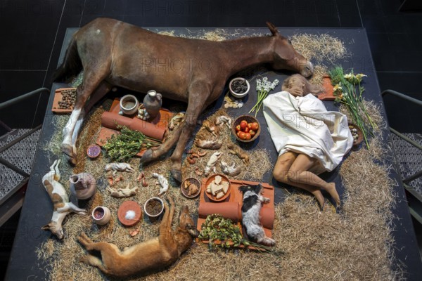 Replica of burial chamber beneath the tumulus of Grijpen at Het Toreke museum with Gallo-Roman finds in the city Tienen, Flemish Brabant, Belgium