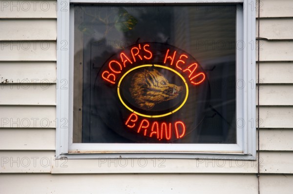 Illuminated advertising on the window of a bar, Marksboro, New Jersey, USA