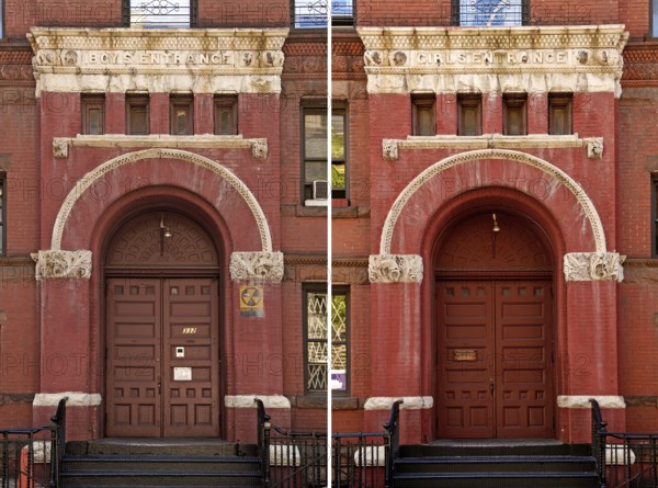 Historic school building with separate entrances for boys and girls, New York City, USA