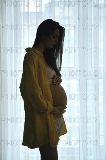 Dark silhouette of a pregnant woman standing in a room, gently cradling her baby bump while looking down with a serene expression. The light streams through sheer curtains, creating a peaceful atmosphere