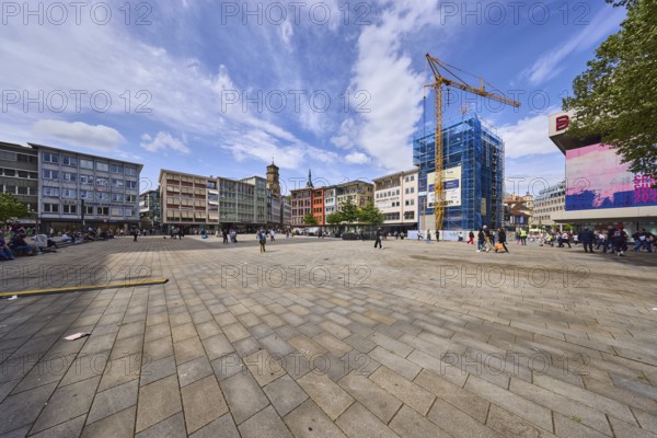 Square, general architecture, pavement slabs, construction site, scaffolding, crane, pedestrians as accessories, blue sky, cumulus clouds, market square, Stuttgart, state capital, city district of Stuttgart, Baden-Württemberg, Germany