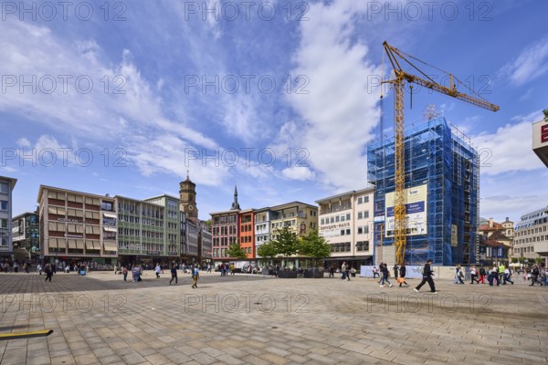 Square, construction site, scaffolding, crane, general architecture, paving slabs, pedestrians as accessories, blue sky, cumulus clouds, cirrostratus clouds, market square, Stuttgart, state capital, city district of Stuttgart, Baden-Württemberg, Germany