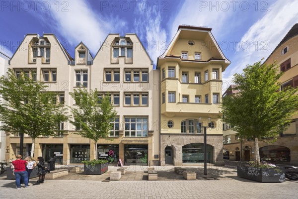 Cultural office, buildings, general architecture, pedestrian zone, benches, city trees, pedestrians as accessories, blue sky, cumulus clouds, Eichstraße, Stuttgart, state capital, city district of Stuttgart, Baden-Württemberg, Germany