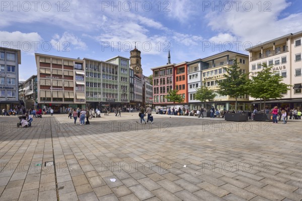 Square, church tower of the collegiate church Stuttgart, trees, pavement slabs, pedestrians as accessories, blue sky, cumulus clouds, cirrostratus clouds, market square, Stuttgart, state capital, city district Stuttgart, Baden-Württemberg, Germany