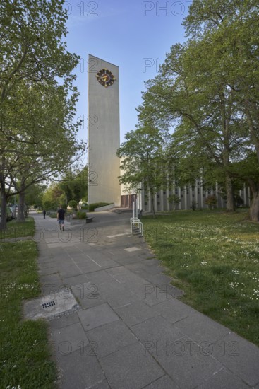 Ev. Stephanuskirche Weilimdorf Gable, church, modern architecture, architect Wilhelm Tiedje, church tower, tower clock, trees, meadow, evening light, blue sky, cloudless, Giebelstraße, Stuttgart, state capital, city district Stuttgart, Baden-Württemberg, Germany