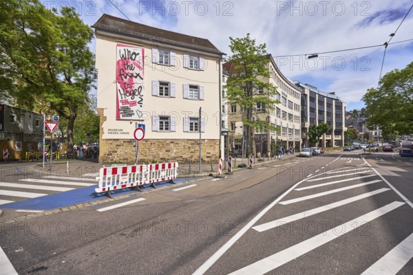 Museum Hegel-Haus, historical building, pedestrian crossing, zebra crossing, general architecture, restricted area, vehicles, trees, cloudy, diffuse light, slightly sunny, intersection Eberhardstraße with Torstraße, Stuttgart, state capital, urban district Stuttgart, Baden-Württemberg, Germany