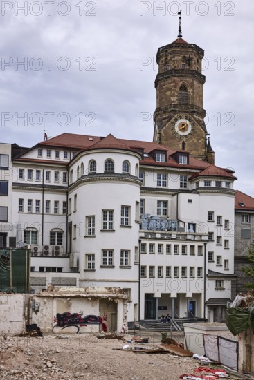 Collegiate church Stuttgart, construction site, demolition work, buildings, houses, cloudy, diffuse light, city centre, Stuttgart, state capital, city district Stuttgart, Baden-Württemberg, Germany