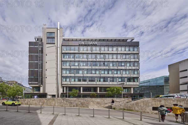 Baden-Württembergische Bank, BW-Bank, modern architecture, bollards, street, milky blue sky, diffuse light, slightly sunny, Theodor-Heuss-Straße, Stuttgart, state capital, city district of Stuttgart, Baden-Württemberg, Germany