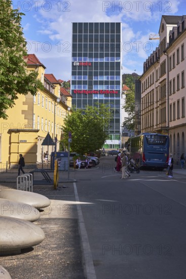 Modern architecture, high-rise, apartment blocks, residential buildings, trees, streets, blue sky, cumulus clouds, Dorotheenstrasse, Karlsplatz, Goerdelerstrasse, Karlstrasse, Stuttgart, state capital, Stuttgart city district, Baden-Württemberg, Germany