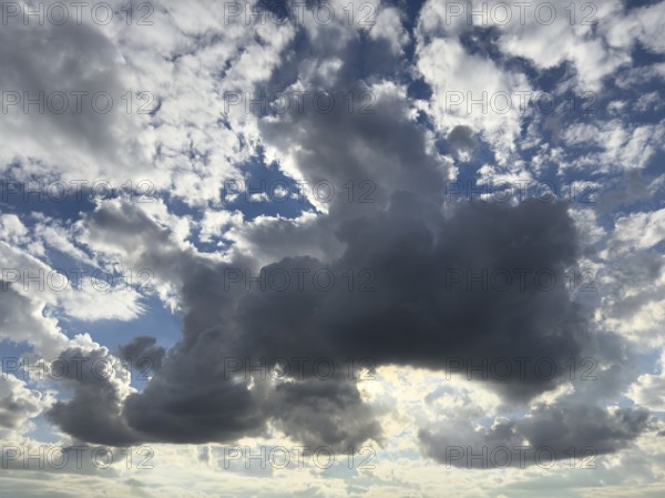In the centre of the picture large dark cloud Cumulonimbus cloud Thunderclouds announce rain above many altocumulus clouds Cirrocumulus clouds under blue sky, international