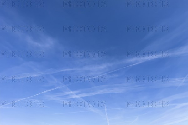 Cirrus clouds Cirrus clouds and contrails falsely called chemtrails under blue sky, international