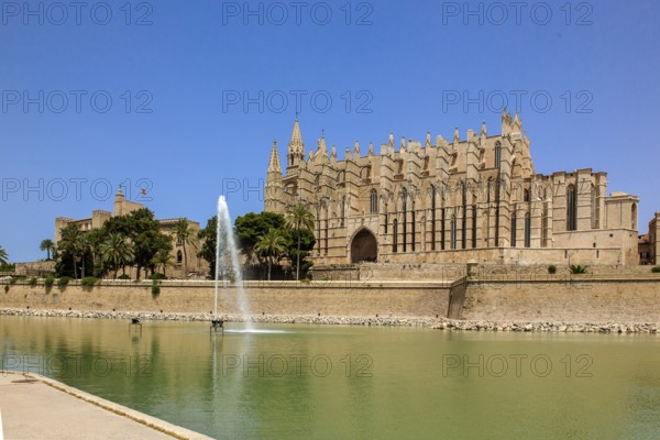 Cathedral of St Mary of La Seu, in front of it artificial lake water basin in Parc de la Mar with fountain, Palma de Majorca, Majorca, Balearic Islands, Spain