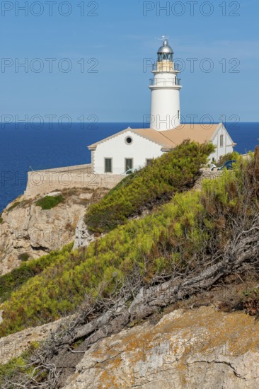 Lighthouse on Capdepera cliff on the east coast of the Mediterranean island of Majorca, blue sea in the background, Majorca, Balearic Islands, Balearic Islands, Spain