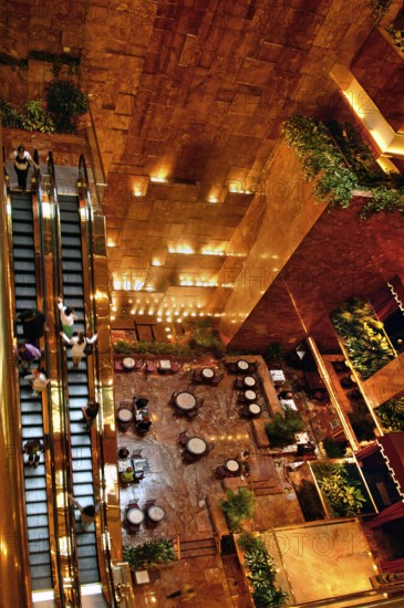 Café and escalators in Trump Tower, New York City, USA